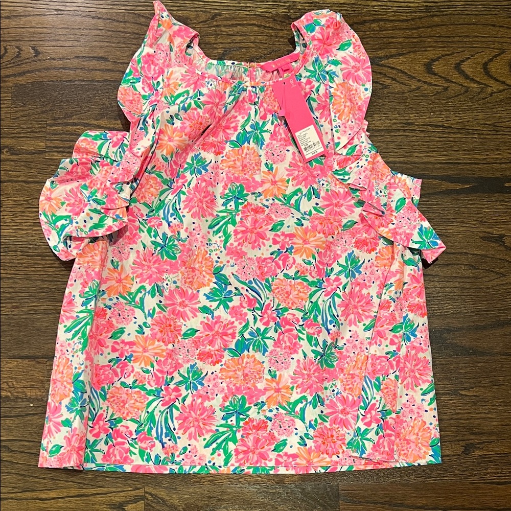 Lilly Pulitzer Pink Green Floral Ruffle Cold-Shoulder Tank
